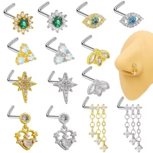 Clou de Nez en Forme de L en Acier Inoxydable pour Femmes Cœur Mauvais Œil Abeille Strass Incrusté Bijoux Piercing Corps