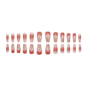 24pcs Peach pink gradient press-on nails with white daisy floral designs and glossy finish