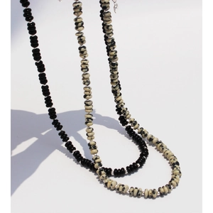 Retro cow print stone and black agate beaded necklace with silver metal accents