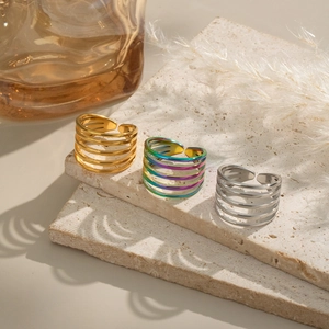 Anello Multistrato Minimalista Acciaio Inossidabile Placcato Oro 18K Traforato Geometrico Regolabile Gioielli Donna