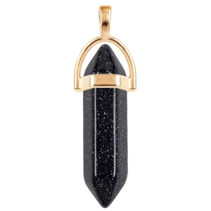 Close-up of hexagonal blue sandstone pendant with sparkling finish and gold metal clasp