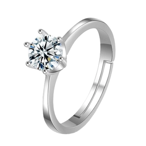 Classic six-prong zircon crown ring with adjustable silver-tone open band for women