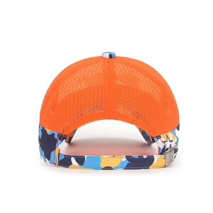 Adjustable kids mesh baseball cap with orange breathable back and camo pattern