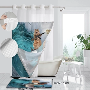 Detail of shark-riding cat shower curtain set with bath mat size 40cmx60cm and metal rings
