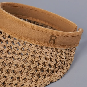 Women's minimalist hollow straw sun visor hat with stylish R letter in caramel brown