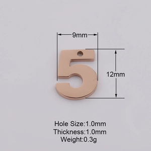 Detail of rose gold number 5 pendant showing dimensions 9x12mm and 1.0mm thickness