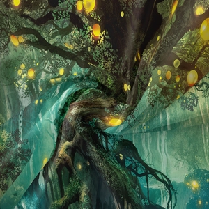 Detailed view of mystical forest tapestry fabric with soft texture and vibrant prints