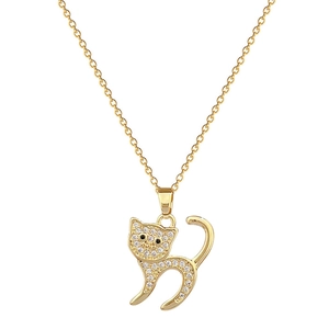 Luxe crystal-encrusted cat pendant necklace on a gold-plated titanium steel chain