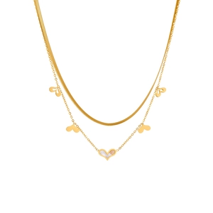 Double-layered gold titanium necklace with snake chain and mother-of-pearl heart pendant