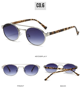 Detailed multi-angle view of vintage oval sunglasses with double bridge and leopard arms