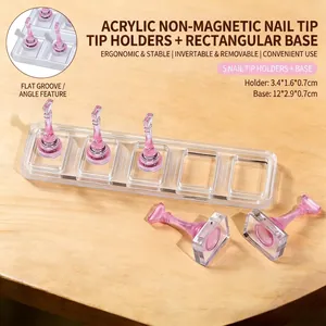 Detail of pink acrylic nail art stands with transparent rectangular base for display