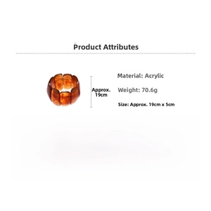 Detailed view of wide amber acrylic bracelet with tortoise texture and technical specs