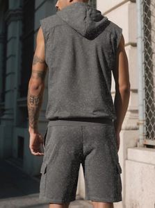 Rear view of men's dark grey hooded sleeveless set featuring washed fabric and cargo shorts