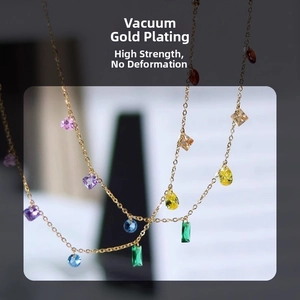 Detail of 18K gold vacuum plated necklace featuring colorful multi-shape gemstones