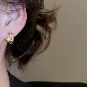Détail de boucles d'oreilles double anneau plaquées or 18k avec étoile et zircon