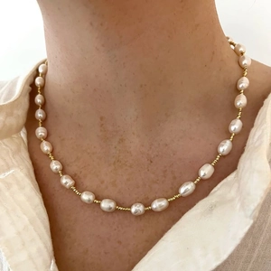 Natural Freshwater Pearl Necklace With 18K Gold Plated Copper Beads Elegant Minimalist Clavicle Chain For Women