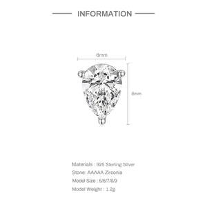 Detail info showing 6x8mm pear-cut AAAAA zirconia and 925 silver earring dimensions