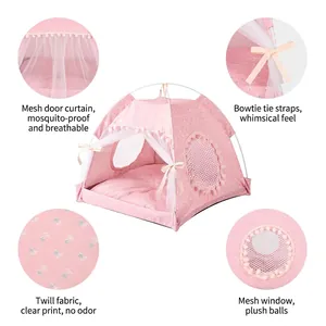 Pink floral pet tent bed for cats and dogs featuring mesh curtains and a cooling mat