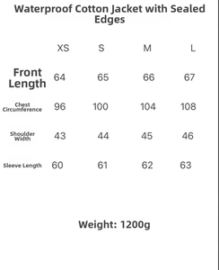 Detailed size chart for women's waterproof padded cotton jacket with measurements