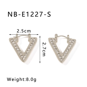 Silver V-shaped hoop earrings with crystals showing 2.5cm width and 2.7cm height dimensions