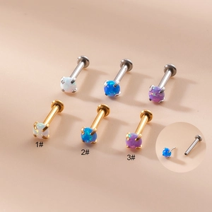 Stainless Steel Labret Lip Ring With Australian Opal Inlaid Flat Back Internal Threading Piercing Jewelry