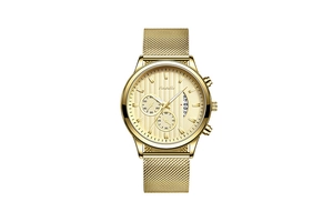 Detail of gold mesh strap watch with multi-dial calendar and brushed metal face