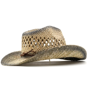 Retro straw cowboy hat with hollow weave and sun protection for outdoor beach