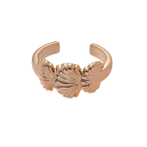 Adjustable rose gold open ring with triple shell design and polished metal texture