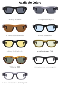 Nine color options of square frame sunglasses including anti-blue light and tinted lenses