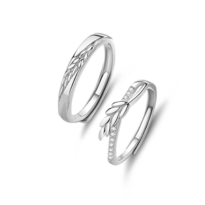 S925 sterling silver wheat ear couple rings with sparkling white zircon stones
