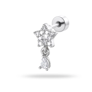 Hollow star earring with zircon stones and teardrop pendant in silver finish