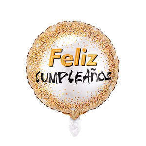 Detail of 18 inch white and gold foil balloon with Spanish Feliz Cumpleaños lettering