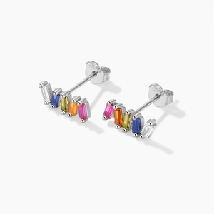 Macro view of S925 sterling silver long earrings with colorful rectangular crystals