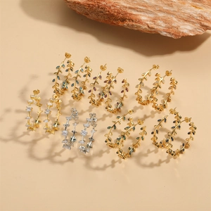Exaggerated leaf design 14K gold plated earrings with colorful zircon stones inlay