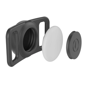 Exploded view of black silicone waterproof Apple AirTag case showing pet collar mount detail