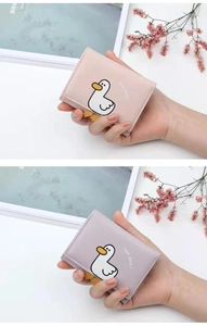 Cute pink and purple PU leather three-fold wallets with cartoon duck and luck duck text