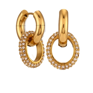 Chunky gold C-shape hoop earrings with crystal pavé oval drop in stainless steel