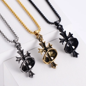Detailed view of Gothic retro cross necklaces in silver, gold, and black punk finishes