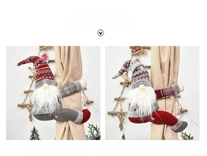 Detail of Christmas gnome curtain tiebacks with grey and red knitted patterned hats