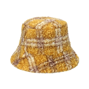 Classic plaid fuzzy bucket hat for women featuring warm yellow and purple fleece texture