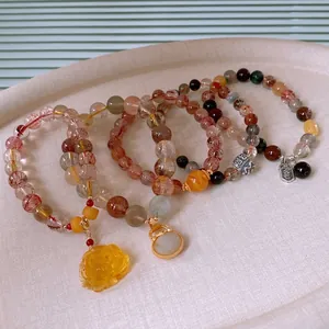 Natural Rutilated Quartz Agate Lotus Beaded Bracelet Vintage Ethnic Women Jewelry With Hetian Jade S925 Silver Accents