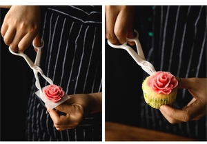 Ciseaux de transfert pour poser des fleurs en crème sur un cupcake avec précision