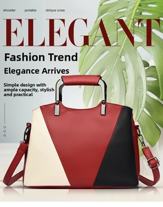 Detail of tricolor geometric tote bag with metal handle and pebble leather texture