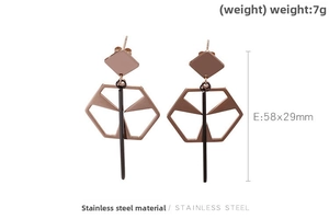 Detail of geometric rose gold stainless steel earrings with square and hexagon cutout design