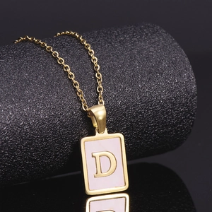 18K gold plated stainless steel rectangle necklace with pink enamel and letter D pendant