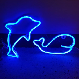 Blue LED neon signs featuring dolphin and whale designs for creative wall decoration