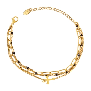 Three-layer 18k gold plated stainless steel cross bracelet with black beads for women