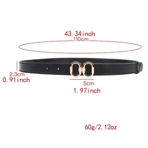 Women black PU leather belt with gold double-ring buckle, width 2.3cm and length 110cm