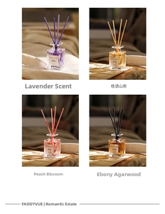 Dettaglio dei diffusori a bastoncini lavanda, osmanto, pesca e oud in vetro scanalato