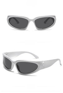 Detailed multi-angle view of silver futuristic sports sunglasses with dark grey lenses